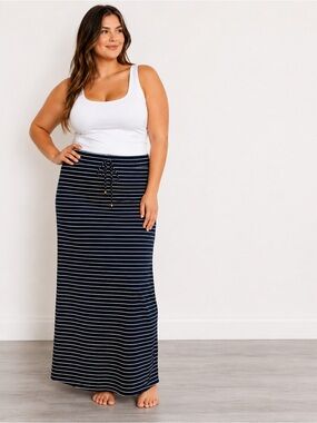 Michael Kors Navy & White Striped Maxi Skirt Nautical Coastal USA Size Small